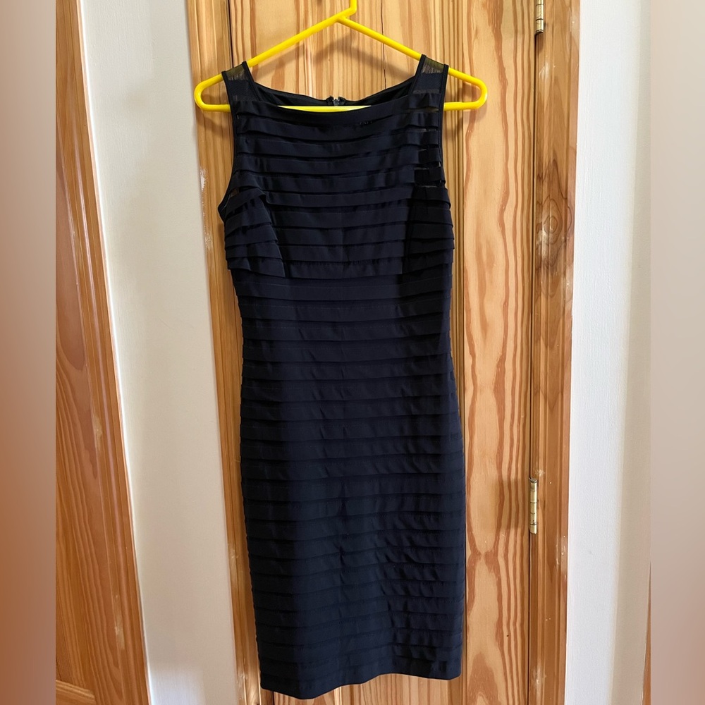 Adrianna Papell Black Ribbed Pencil Dress Size 8 Sheer Stripes Bodice & Hem